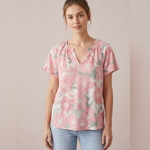 Bobeau Short Sleeve V Neck White Pink Floral Cottagecore Top Small